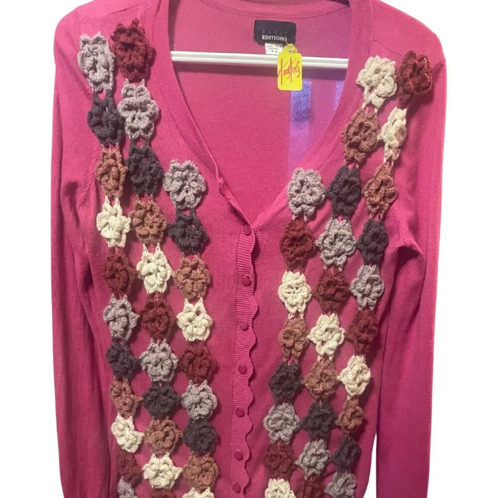 Upcycled  Pink Cardigan Crochet Floral Applique Medium - Picture 7 of 9